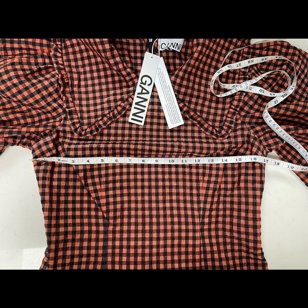 GANNI SEERSUCKER CHECK MINI DRESS FLAME SIZE 38 - Picture 14 of 16